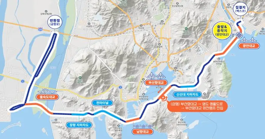 The 77 km course for the 2026 Busan Seven Bridges Tour begins in Haeundae and loops back via Busan Port and the Nakdong River. Photo: Busan Metropolitan City