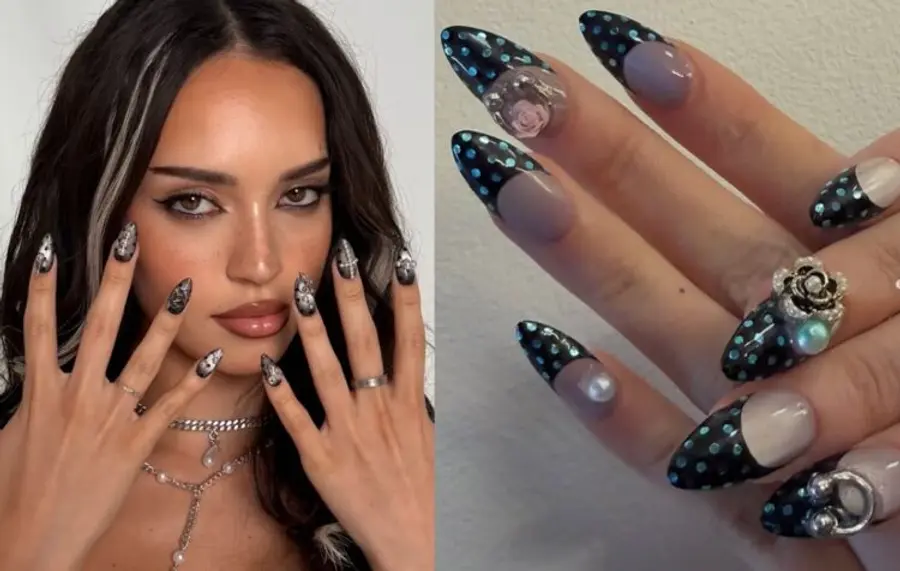 Daniela’s (left) nails feature black dots and silver accents over a gunmetal magnetic base, while Megan’s design blends blue polka dots and pearls over a black French tip for a modern twist on a retro style. Photo=byjuanalvear SNS